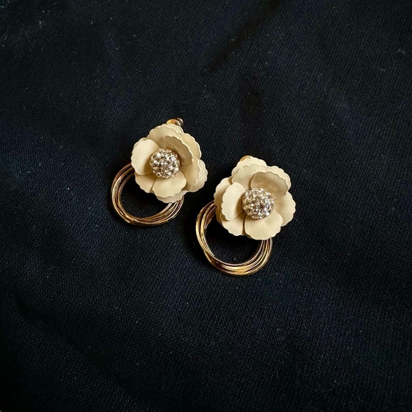 Beige Crystal Camellia Gold Tone Earrings - Picture 2 of 3